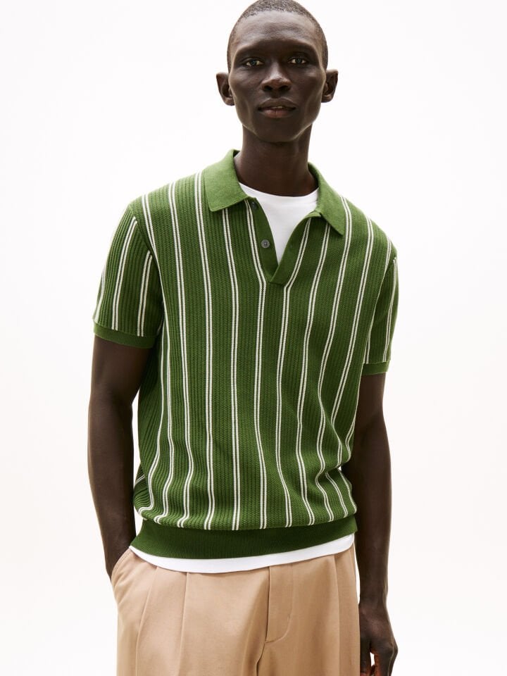 KNITTED VERTICAL STRIPE SS POLO